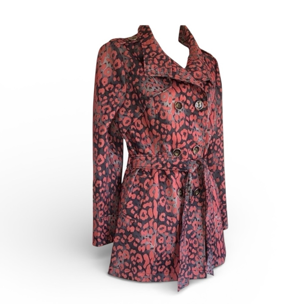 Leopard Jacket, women's S peach/grey, trench styling, double breasted, belt. EUC